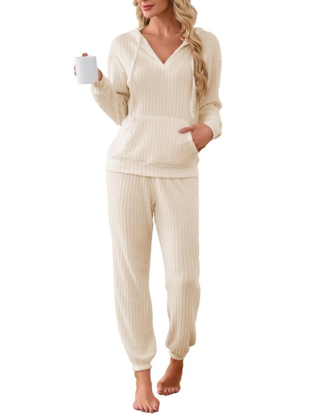 2 Pieces Ribbed Knit Outfits Drawstring Hoodies Jogger Pants Matching Pajama